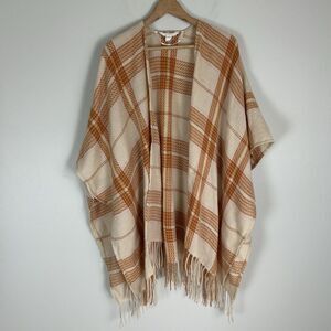 Blanket Cardigan Plaid Orange Fringe Western Country Cottagecore Knit Kimono O/S